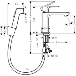 Bateria umywalkowa 110 z główką Bidette i wężem 160 cm, bez kompletu odpływowego Chrom Rebris E HANSGROHE 72216000