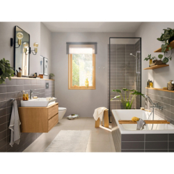 Jednouchwytowa bateria umywalkowa 110 CoolStart EcoSmart+ z kompletem odpływowym z cięgłem Chrom Rebris E HANSGROHE 72589000