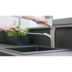Jednouchwytowa bateria kuchenna 150, wyciągana wylewka, 2jet, sBox lite Stal Szlachetna Finish Zesis M33 HANSGROHE 74803800