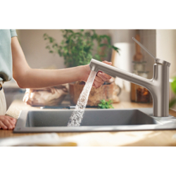 Jednouchwytowa bateria kuchenna 150, metalowa wyciągana wylewka, 2jet Stal Szlachetna Finish Zesis M33 HANSGROHE 74820800