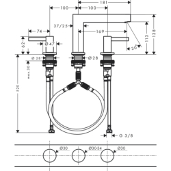3-otworowa bateria umywalkowa 110 z kompletem odpływowym Push-Open Czarny Matowy Finoris HANSGROHE 76033670