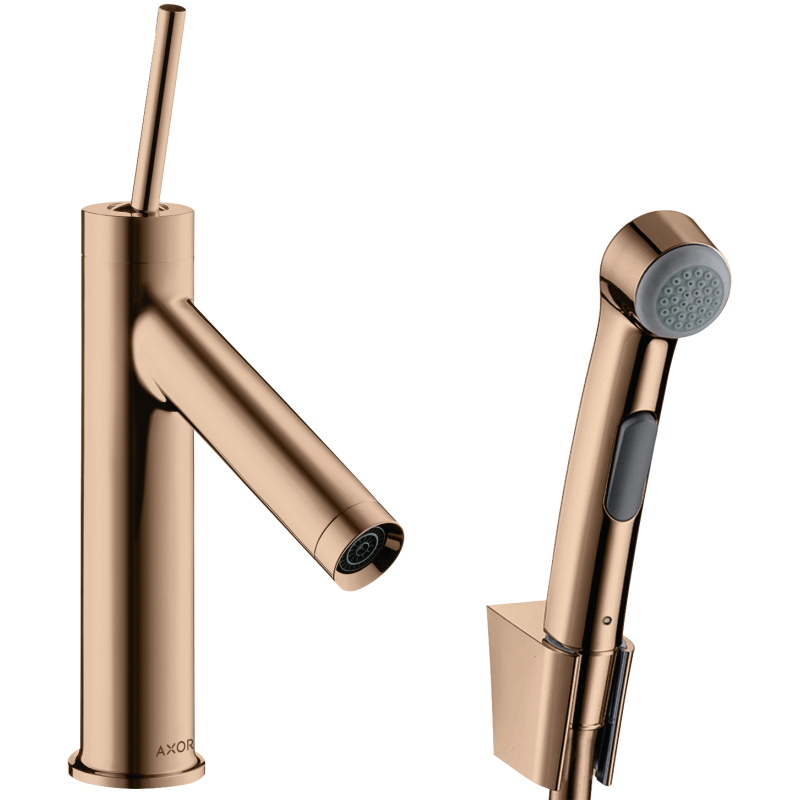 Bateria umywalkowa 90 z główką Bidette i wężem 160 cm, kpl odpływowy Push-Open Czerwony Złoty Polerowany Starck AXOR 10300300
