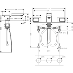 3-otworowa bateria umywalkowa 50 z płytką z kompletem odpływowym z cięgłem Nikiel Szczotkowany Urquiola AXOR 11040820