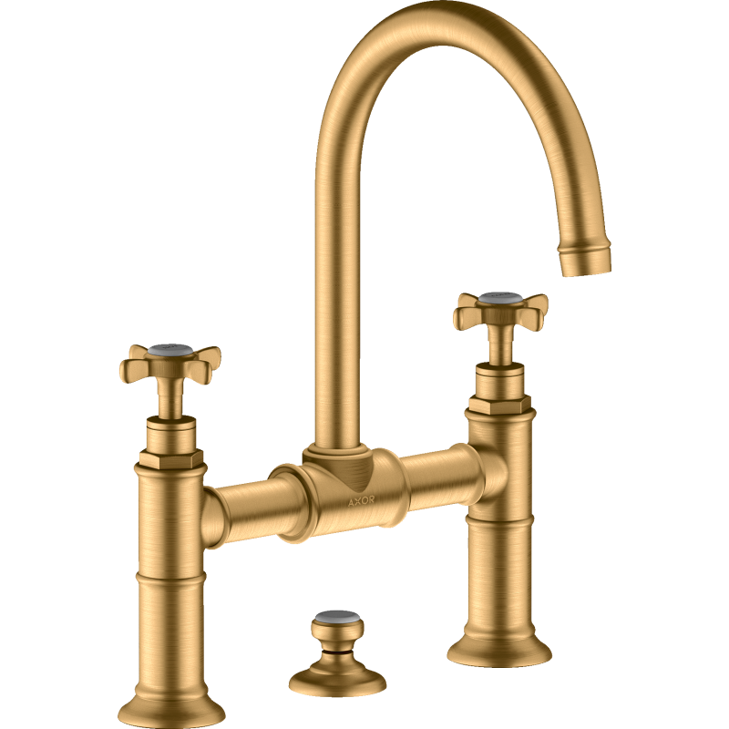 2-uchwytowa bateria umywalkowa 220 z uchwytami krzyżowymi i kpl odpływowym z cięgłem Mosiądz Szczotkowany Montreux AXOR 16510950