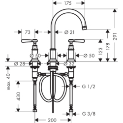 3-otw. Bateria umyw. 180 z uchwytami jednoramiennymi i kpl odpływowym z cięgłem Czarny Chrom Polerowany Montreux AXOR 16514330