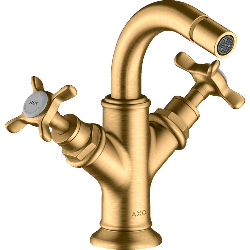 2-uchwytowa bateria bidetowa z uchwytami krzyżowymi i kompletem odpływowym z cięgłem Mosiądz Szczotkowany Montreux AXOR 16520950