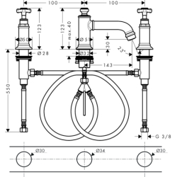 3-otworowa Bateria umyw. 30 z uchwytami krzyżowymi i kpl odpływowym z cięgłem Czerwony Złoty Polerowany Montreux AXOR 16536300