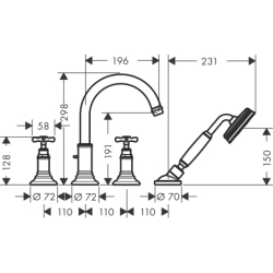 4-otworowa bateria na brzeg wanny z uchwytami krzyżowymi Czarny Chrom Szczotkowany Montreux AXOR 16546340