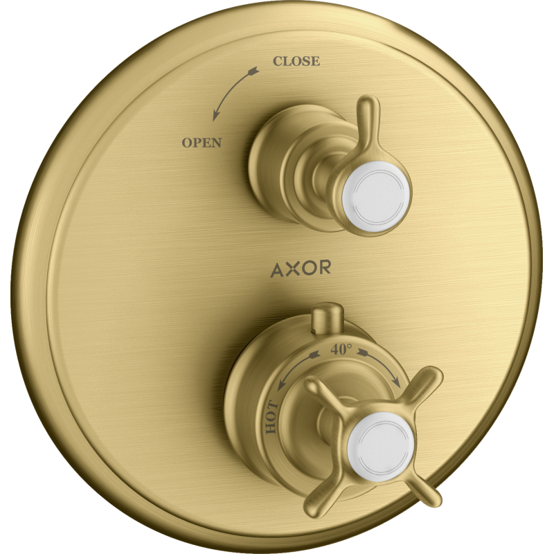 Bateria termo. z uchwytem krzyżowym i zaworem odcinającym do 1 odbiornika, podtynkowa Złoty brushed Montreux AXOR 16800250