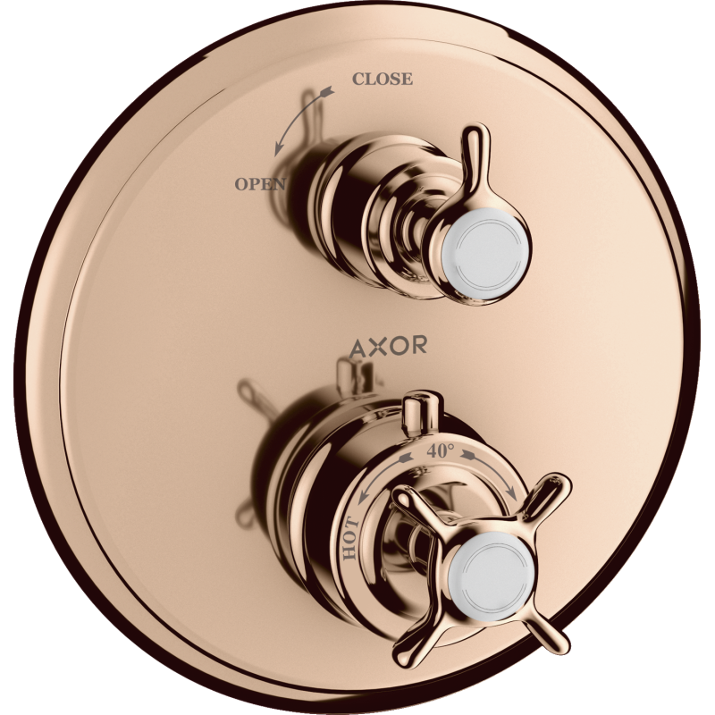 Bateria termo. z uchwytem krzyżowym i zaworem odcinającym do 1 odbiornika, podtynk. Czerwony Złoty poler Montreux AXOR 16800300