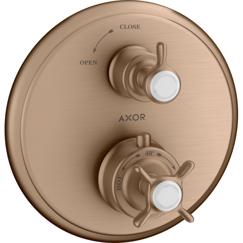 Bateria termo. z uchwytem krzyżowym i zaworem odcinającym do 1 odb., podtynk. Czerwony Złoty brushed Montreux AXOR 16800310