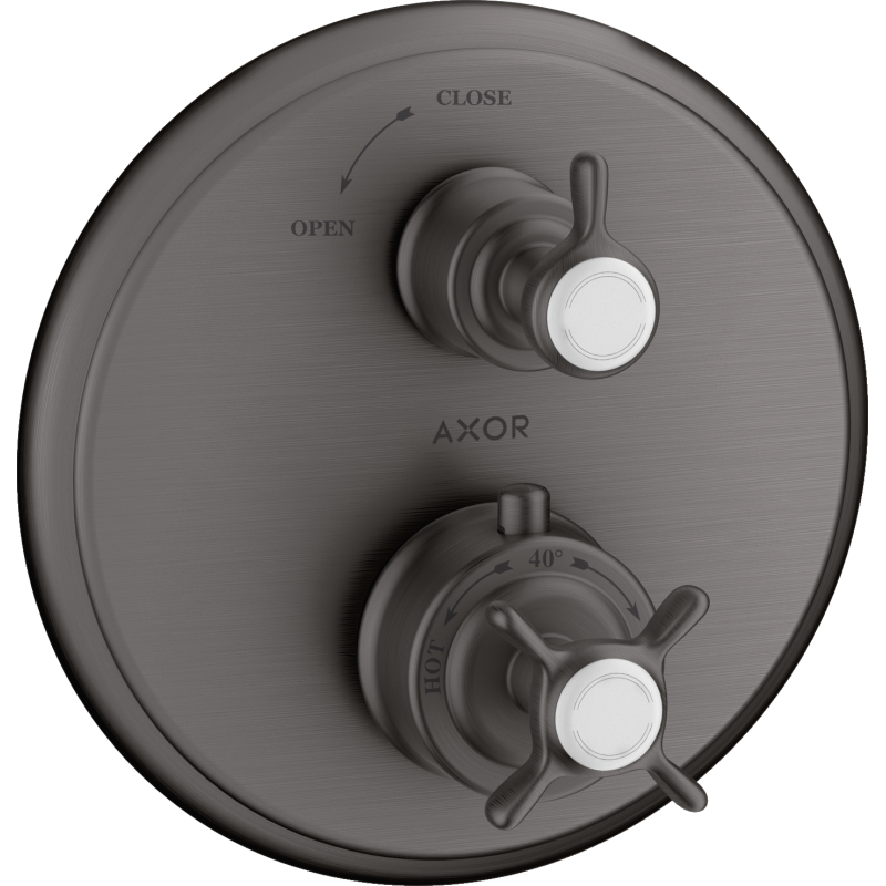 Bateria termo. z uchwytem krzyżowym i zaworem odcinającym do 1 odbiornika, podtynk. Czarny Chrom brushed Montreux AXOR 16800340