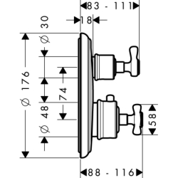 Bateria termo. z uchwytem krzyżowym, do 2 odbiorników, podtynkowa Mosiądz brushed Montreux AXOR 16820950