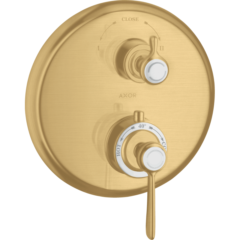 Bateria termo. z uchwytem jednoramiennym i zawór odcin./przeł. 2 odb., podtynk. Złoty brushed Montreux AXOR 16821250