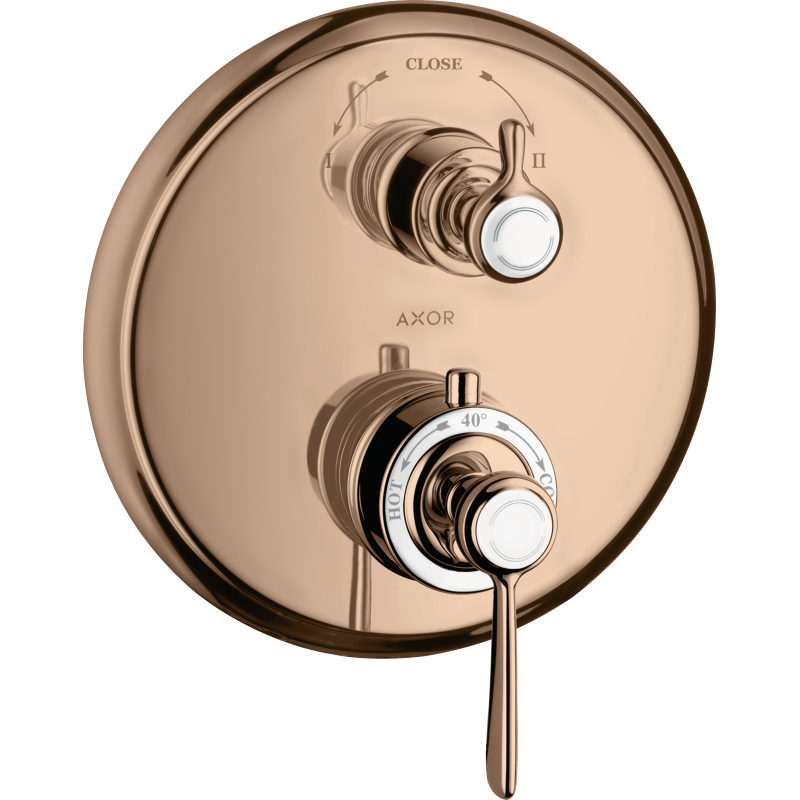 Bateria termo. z uchwytem jednoramiennym i zawór odcin./przeł. 2 odb., podtynk. Czerwony Złoty poler Montreux AXOR 16821300