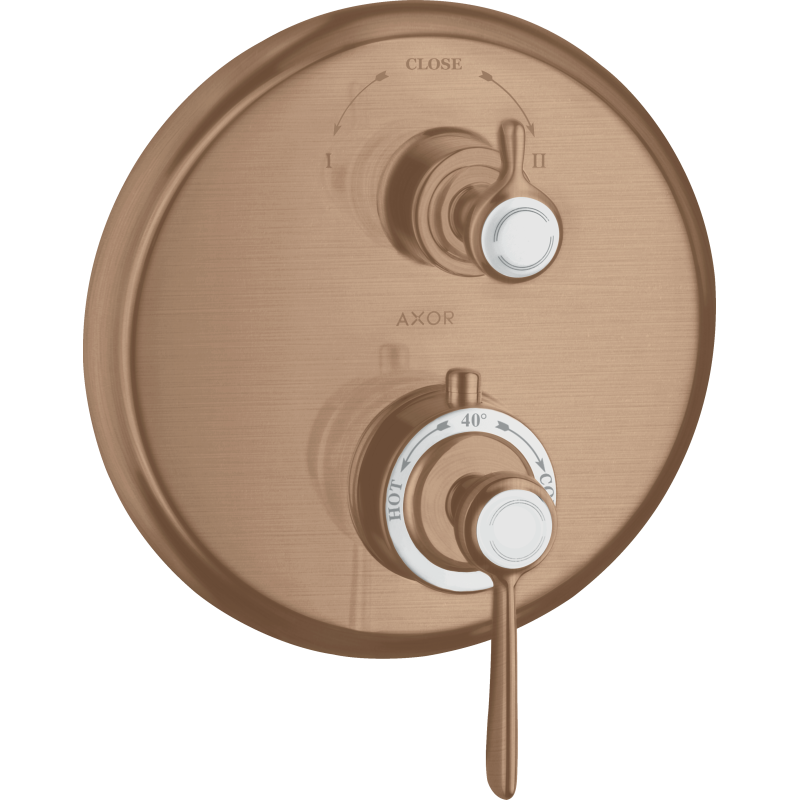 Bateria termo. z uchwytem jednoramiennym i zawór odcin./przeł. 2 odb., podtynk. Czerwony Złoty brushed Montreux AXOR 16821310