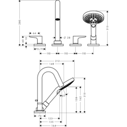 4-otworowa bateria na brzeg wanny z uchwytami jednoramiennymi i rozetami Czerwony Złoty Polerowany Citterio M AXOR 34444300