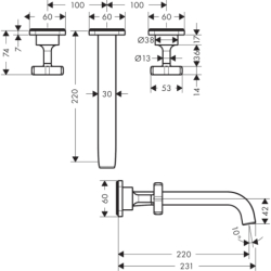 3-otworowa bateria umywalkowa z rozetami i wylewką 220 mm, ścienna, podtynkowa Chrom Citterio E AXOR 36107000