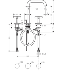 3-otworowa bateria umywalkowa 170 z rozetami i kompletem odpływowym z cięgłem Czerwony Złoty Polerowany Citterio E AXOR 36108300