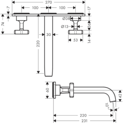 3-otworowa bateria umywalkowa z płytką i wylewką 220 mm, ścienna, podtynkowa Nikiel Szczotkowany Citterio E AXOR 36115820