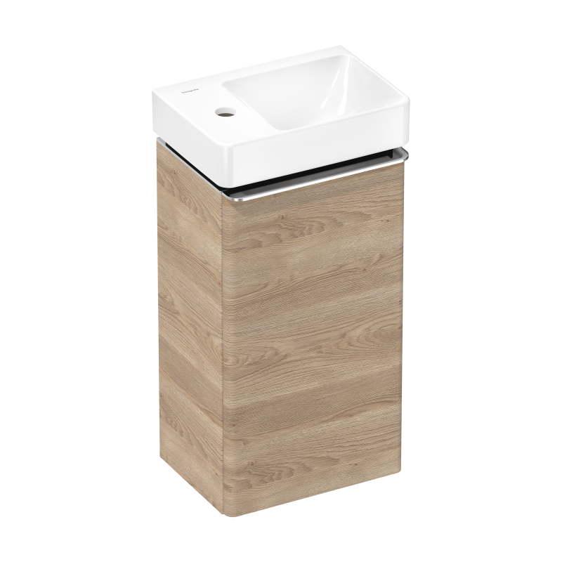 Set mała umywalka wisząca z półką po lewej stronie z szafką z drzwiami lewymi 340/245, Naturalny Dąb Xelu Q HANSGROHE 54364000
