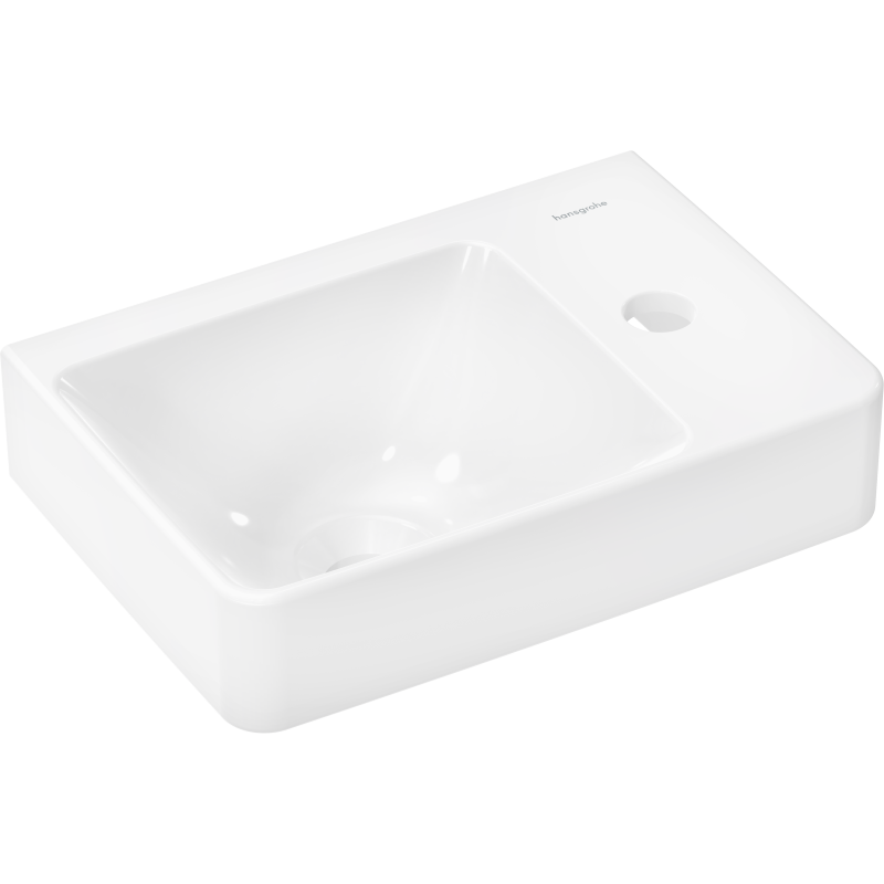 Mała umywalka wisząca z półką po prawej stronie 360/250 z otworem na baterię, bez przelewu Biały Xelu Q HANSGROHE 60314450