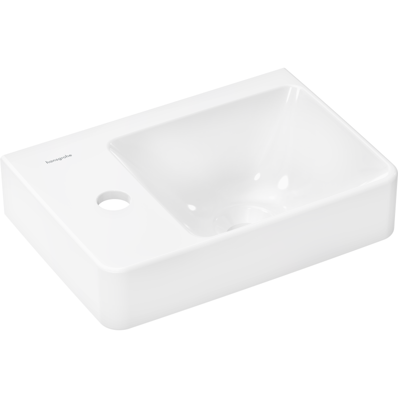 Mała umywalka wisząca z półką po lewej stronie 360/250 z otworem na baterię, bez przelewu Biały Xelu Q HANSGROHE 60315450