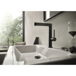 Bateria umywalkowa 230 z obrotową wylewką i kpl odpływowym Push-Open Czarny Chrom Szczotkowany Finoris HANSGROHE 76060340