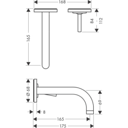 Jednouchwytowa bateria umywalkowa z wylewką 165 mm i rozetami, ścienna, podtynkowa Stal Szlachetna Optyczna Uno AXOR 38113800