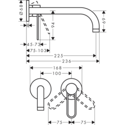 Bateria umywalkowa z uchwytem Loop i wylewką 225 mm, ścienna, podtynkowa Czarny Chrom Szczotkowany Uno AXOR 38122340