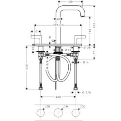 3-otw. Bateria umyw. 170 z uchwytami, płytką i wyl. 140 mm z kpl odpływ. z cięgłem Czerwony Złoty poler Citterio AXOR 39136300
