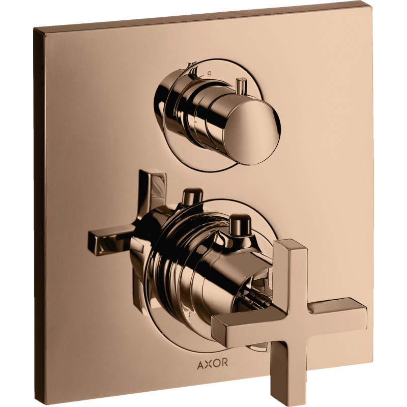 Bateria termo. z uchwytem krzyżowym i zaworem odcinającym do 1 odbiornika, podtynk. Czerwony Złoty poler Citterio AXOR 39705300