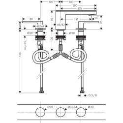 3-otworowa bateria umywalkowa 70 z kompletem odpływowym Push-Open chrom/czarne szkło MyEdition AXOR 47050600