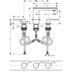 3-otworowa bateria umywalkowa 110 z kompletem odpływowym Push-Open czarny matowy/czarne szkło MyEdition AXOR 47070670