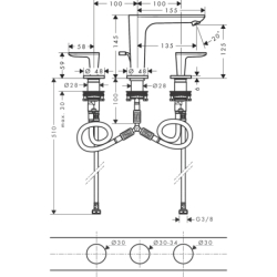 3-otworowa Bateria umyw. 125 z kpl odpływowym z cięgłem, szlif kwadratowy Czarny Chrom Szczotkowany Citterio C AXOR 49061340