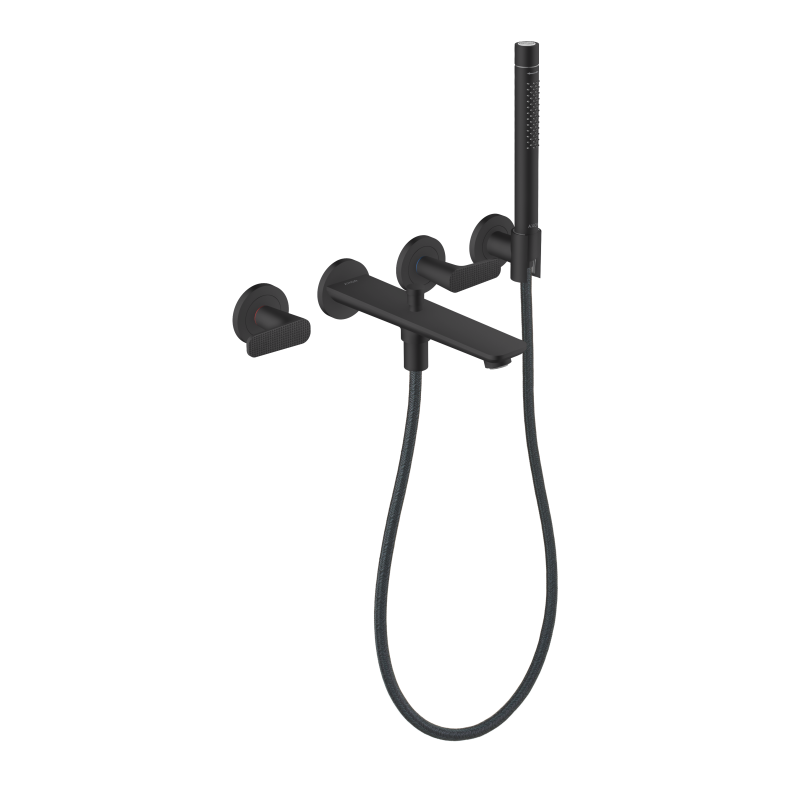 3-otw. bateria wannowa z punktowym Setem prysznicowym, ścienna, podtynkowa, szlif kwadratowy Czarny mat Citterio C AXOR 49481670