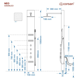 Panel prysznicowy NEO mieszacz stal deszczownica LED CORSAN S060MSLLED