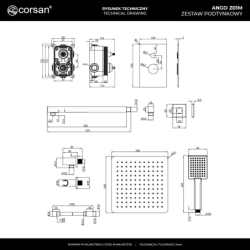 Zestaw podtynkowy ANGO deszczownica 25 cm mieszacz słuchawka prysznicowa czarny CORSAN Z01MBL