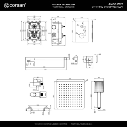Zestaw podtynkowy ANGO deszczownica 25 cm termostat słuchawka prysznicowa czarny CORSAN Z01TBL