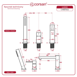 Bateria wannowa 3 otworowa LUGO z wylewką i słuchawką prysznicową chromowana CORSAN CMB7542CH