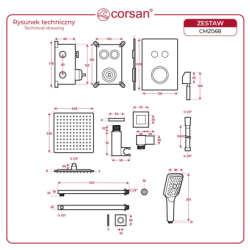 Zestaw prysznicowy chrom z deszczownicą i głowicą mieszaczową CORSAN CMZ068CH