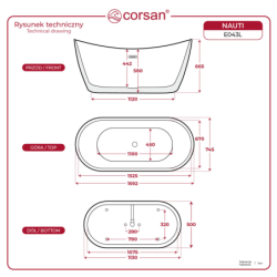 Wanna wolnostojąca NAUTI 160 x75 cm korek klik-klak czarny CORSAN E043LBL