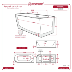 Wanna wolnostojąca narożna INTERO 160 x75 montaż prawostronny korek klik-klak złoty CORSAN E230LPGL