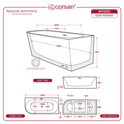 Wanna wolnostojąca narożna INTERO 160 x74 z szeroką krawędzią montaż prawostronny korek klik-klak złoty CORSAN E240LPGL
