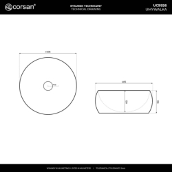 Umywalka nablatowa LUGO okrągła 400x160 mm z korkiem klik-klak czarnym CORSAN UC9926BL