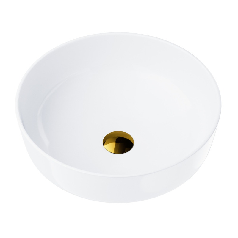 Umywalka nablatowa LUGO okrągła 415x415x135 mm z korkiem klik-klak złotym CORSAN UC9988GL