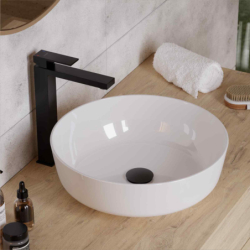 Umywalka nablatowa LUGO okrągła 415x415x135 mm z korkiem klik-klak czarnym CORSAN UC9988BL