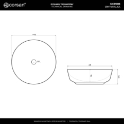 Umywalka nablatowa LUGO okrągła 415x415x135 mm z korkiem klik-klak czarnym CORSAN UC9988BL