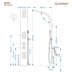 Panel prysznicowy ALTO termostat srebrny deszczownica LED CORSAN A017TSLLED