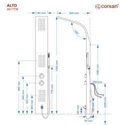 Panel prysznicowy ALTO termostat srebrny wylewka CORSAN A017TSLW